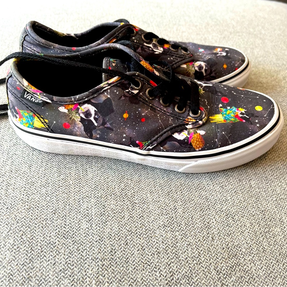 Vans Off the Wall  Tennis Shoes Dog Print Boston Terrier in Space Galaxy Sz 6